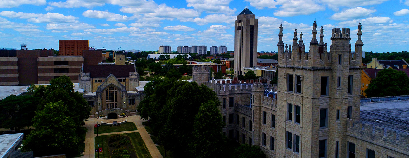 Aerial photo showing campus buildings